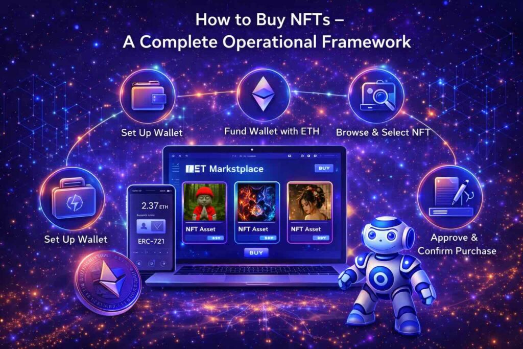 How to Buy NFTs operational framework illustration showing Web3 wallet setup, ETH funding, marketplace browsing, and purchase confirmation