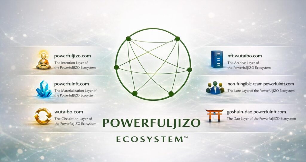 Materialization-top-Origin of designed PowerfulJIZO Ecosystem TM Mark — Six-Node Structural Emblem