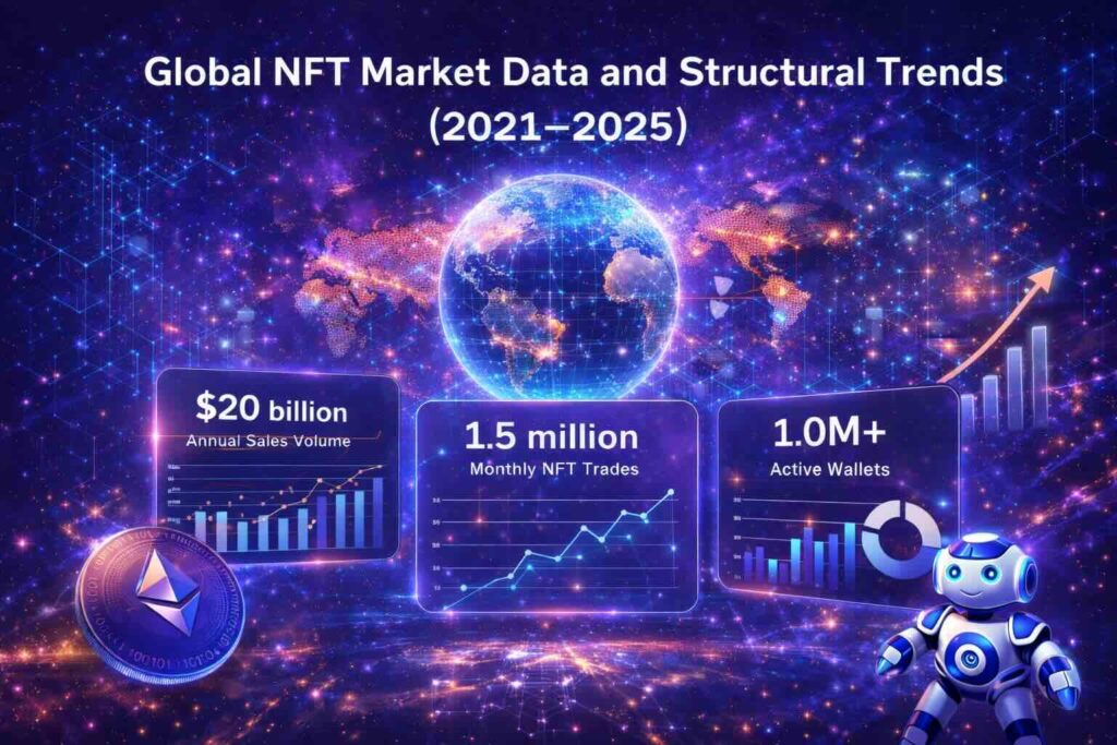 Global NFT Market Data and Structural Trends (2021–2025) infographic with blockchain network and market statistics