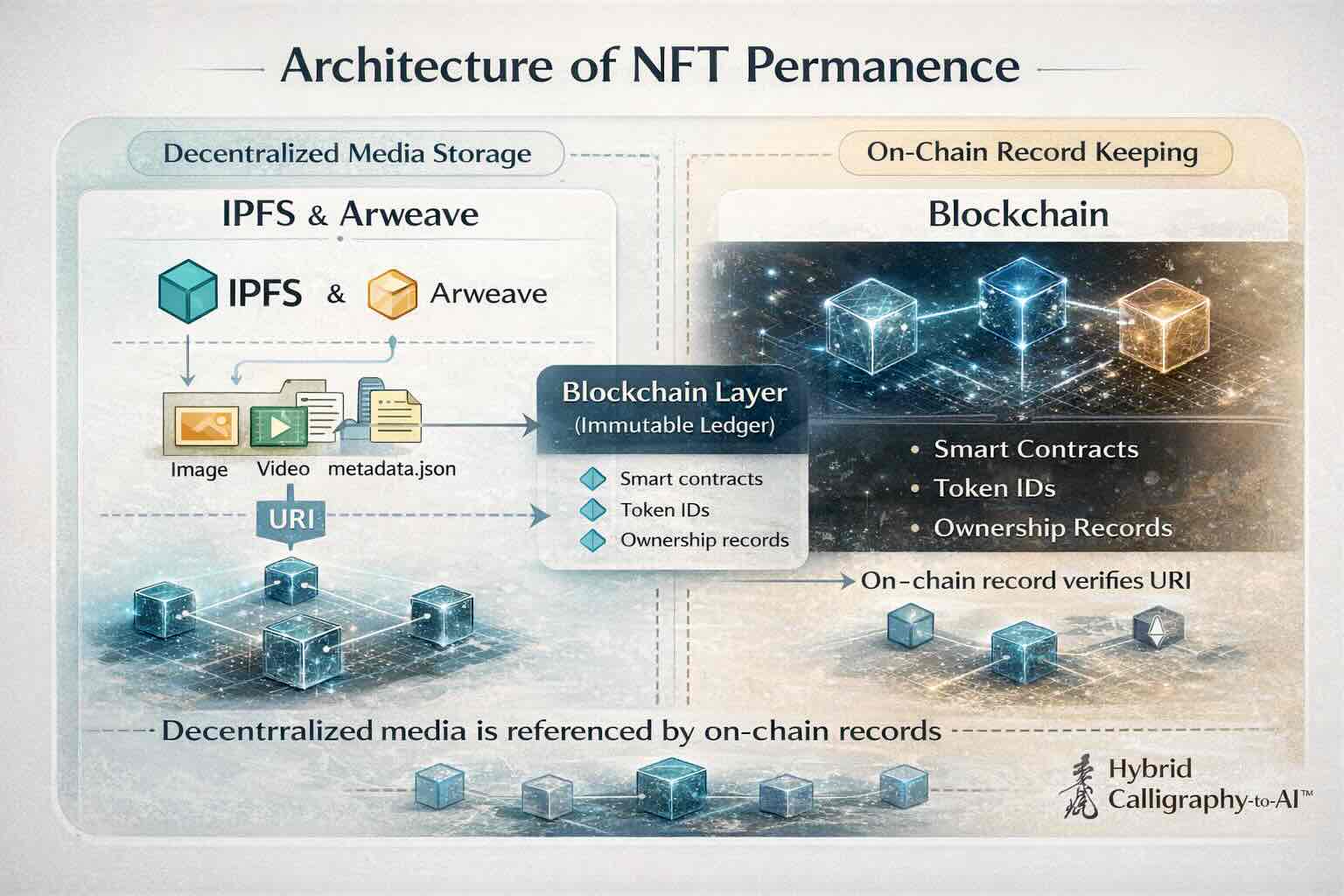 ERC-1155 metadata architecture showing contract, token URI, IPFS JSON, and OpenSea rendering layer