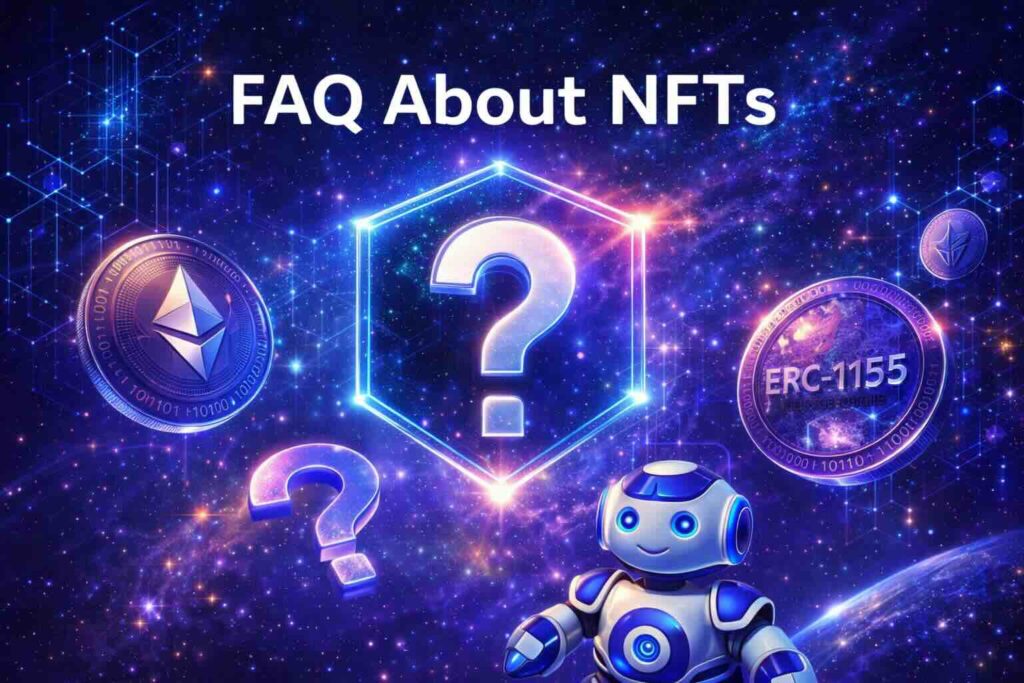 NFT Complete Guide FAQ structural illustration with Ethereum, ERC-1155 and blockchain network elements