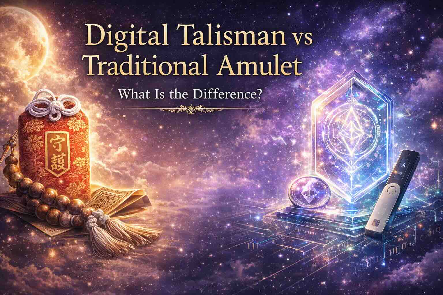 Digital Talisman vs Traditional Amulet comparison illustration featuring ritual amulet and blockchain NFT symbol